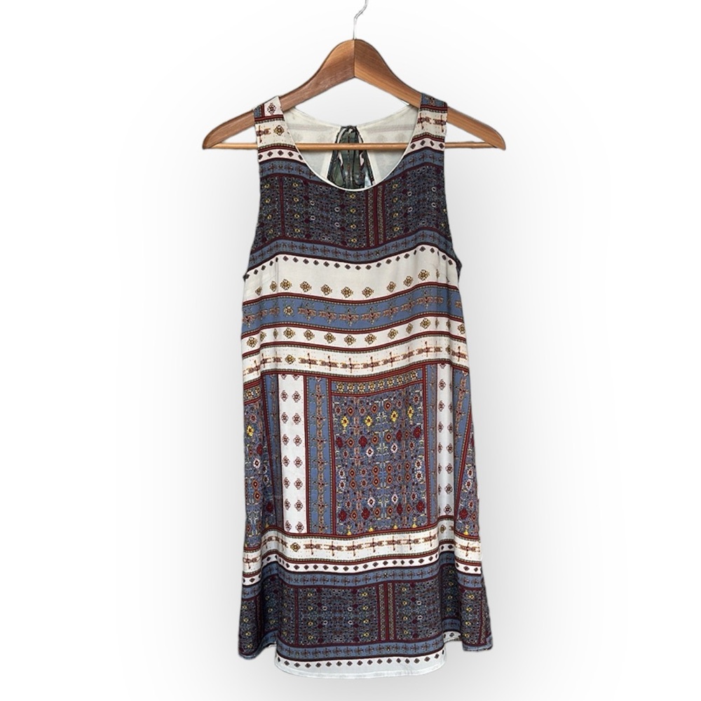 Entro A-Line Mini Dress with Tassel Tie Back – Steel Blue & Cream | Size S